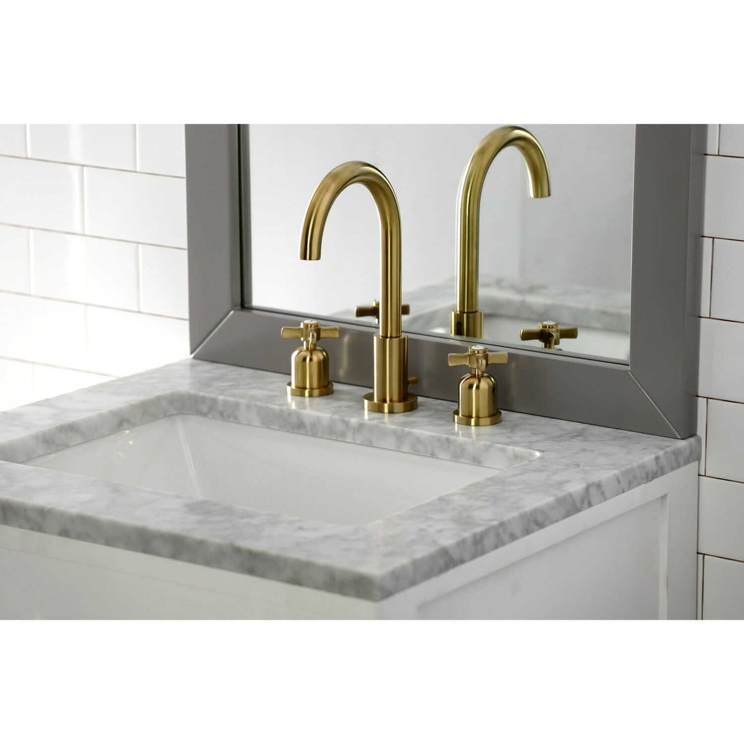 Lifestyle image of Millennium widespread faucet in neutral bathroom in brushed nickel finish