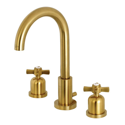 KINGSTON Brass Millennium Widespread Bathroom Faucet with two knobs and a curved spout, showcasing Art Deco design.