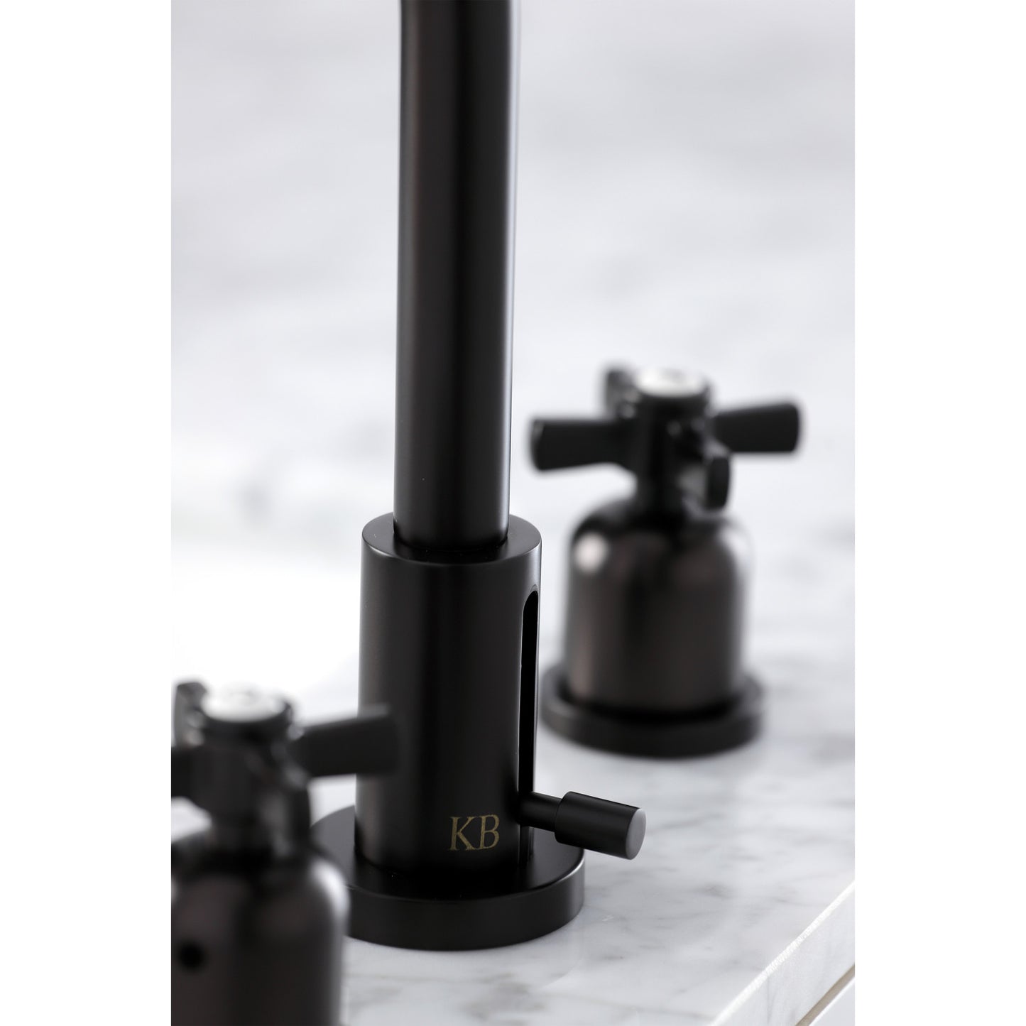 Close up Lifestyle image of Millennium widespread faucet showing mounting details in oil rubbed bronze