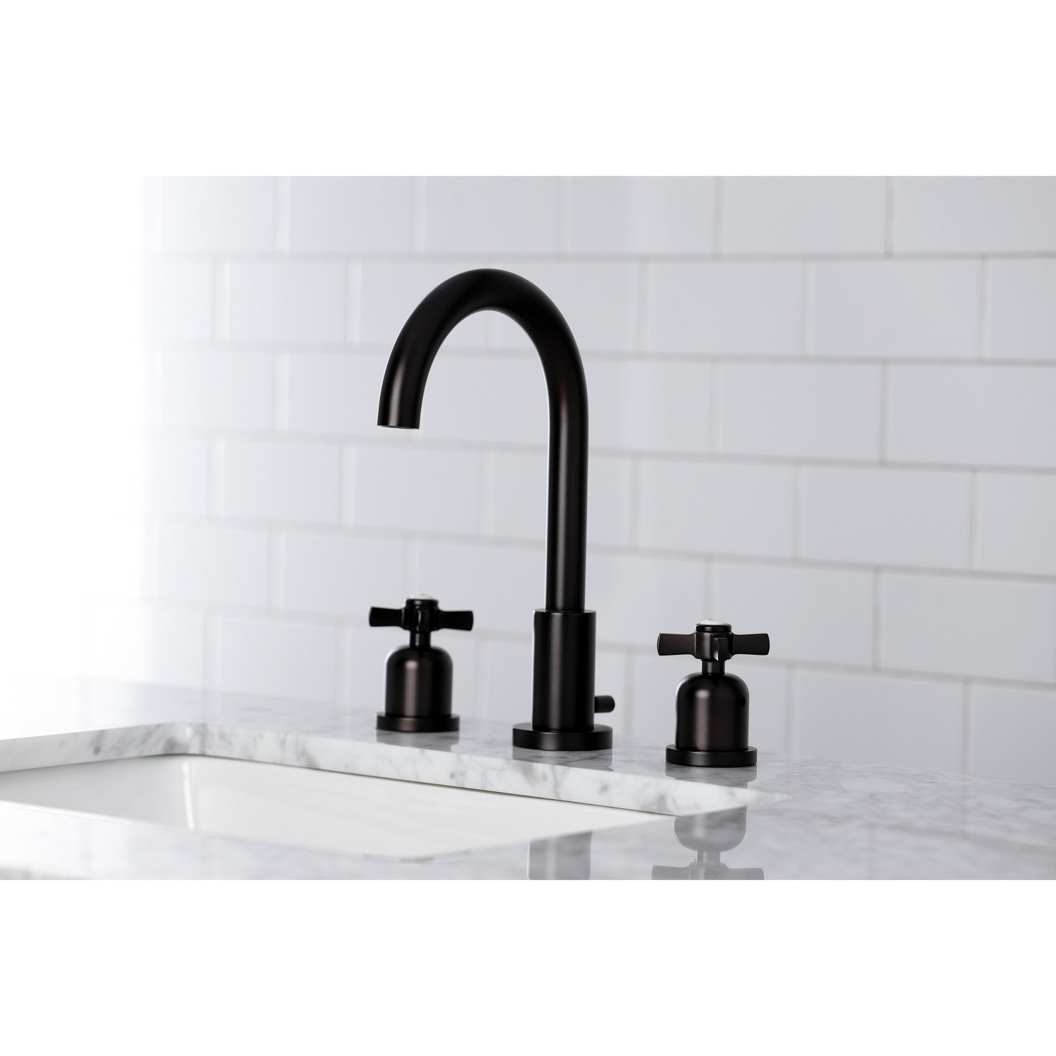 Side view lifestyle image in bathroom of Millennium widespread faucet in oil rubbed bronze