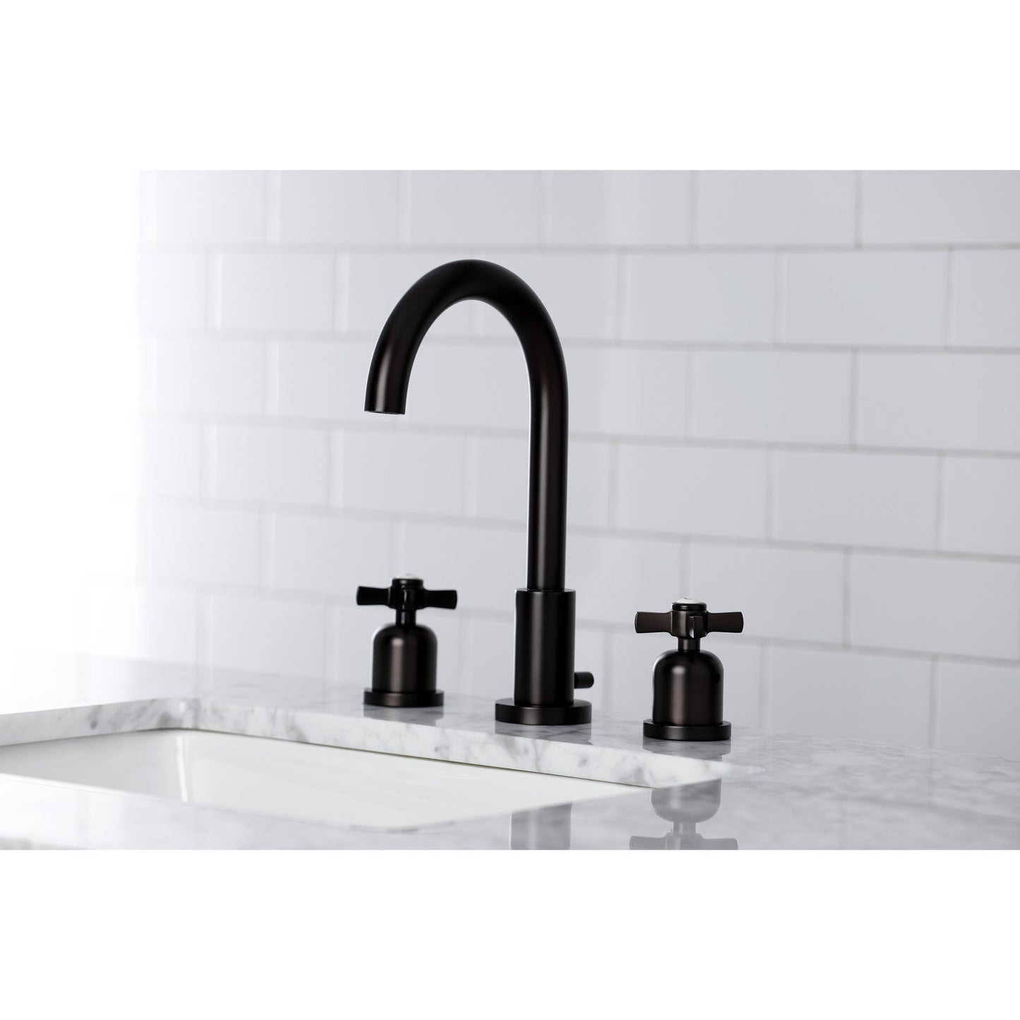 Side view lifestyle image in bathroom of Millennium widespread faucet in oil rubbed bronze