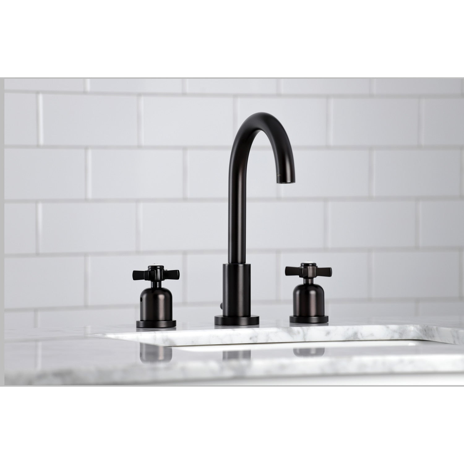 Alternate Lifestyle image in bathroom of Millennium widespread faucet in oil rubbed bronze