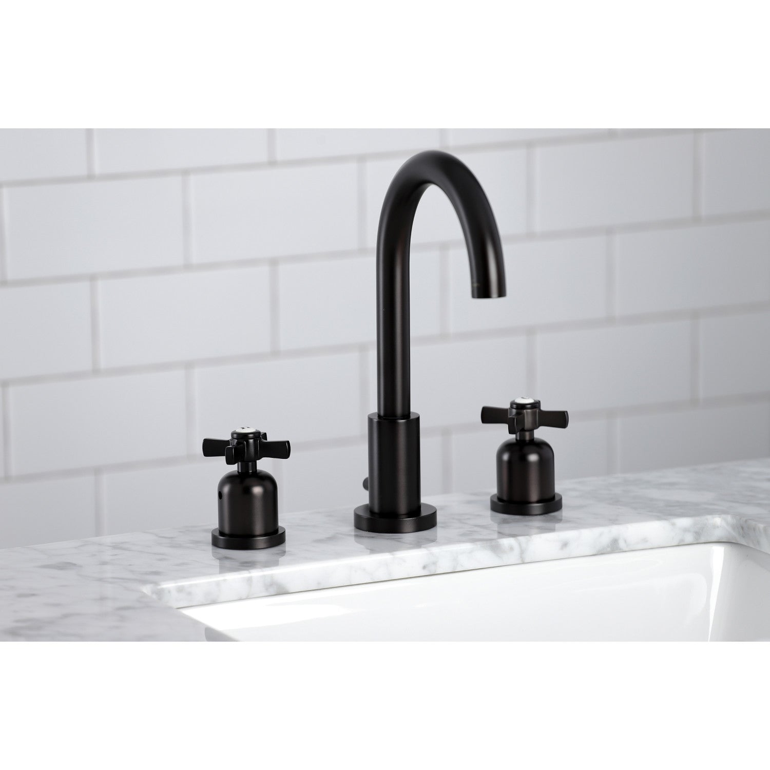 Lifestyle image in bathroom of Millennium widespread faucet in oil rubbed bronze