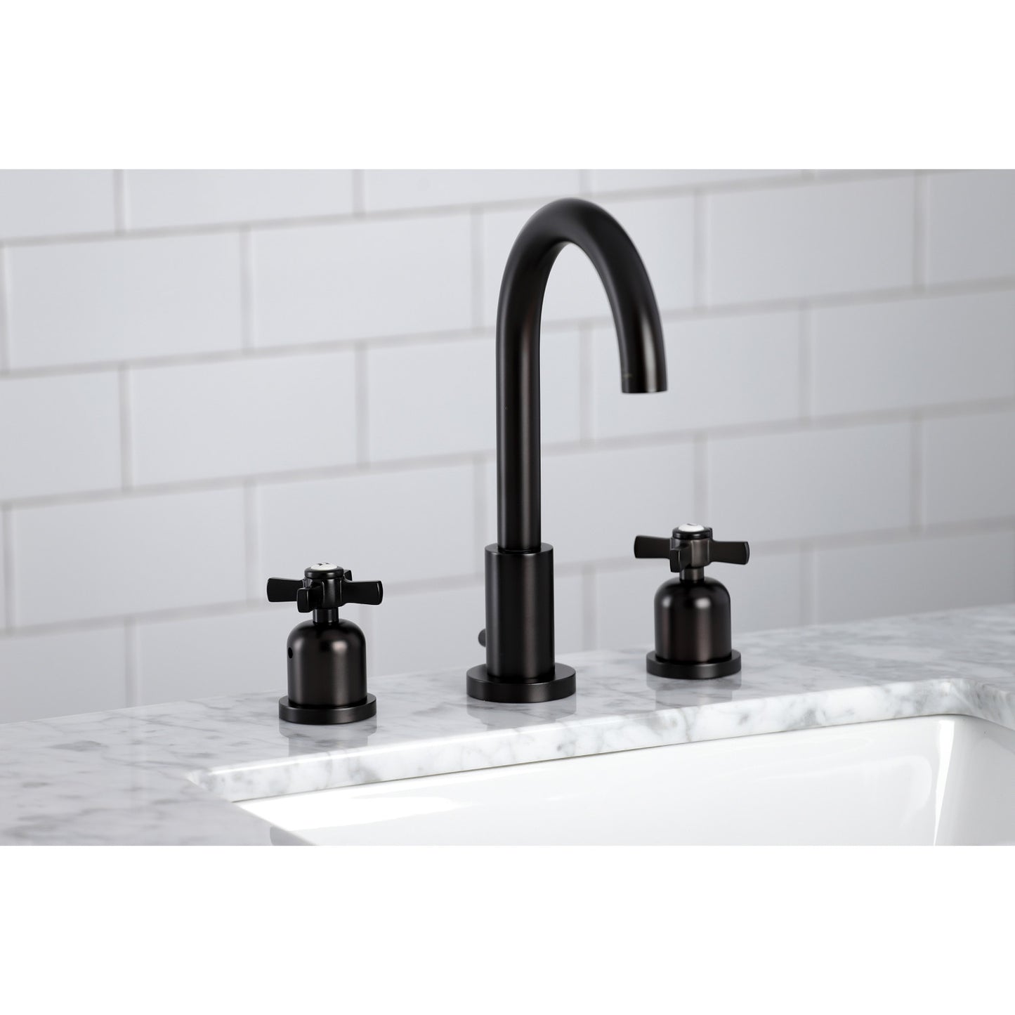 Lifestyle image in bathroom of Millennium widespread faucet in oil rubbed bronze