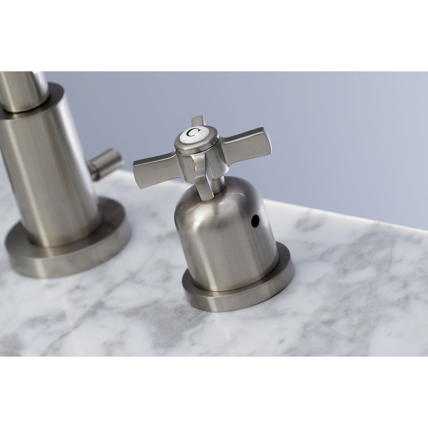 Faucet handle detail for Millennium widespread bathroom faucet in brushed nickel