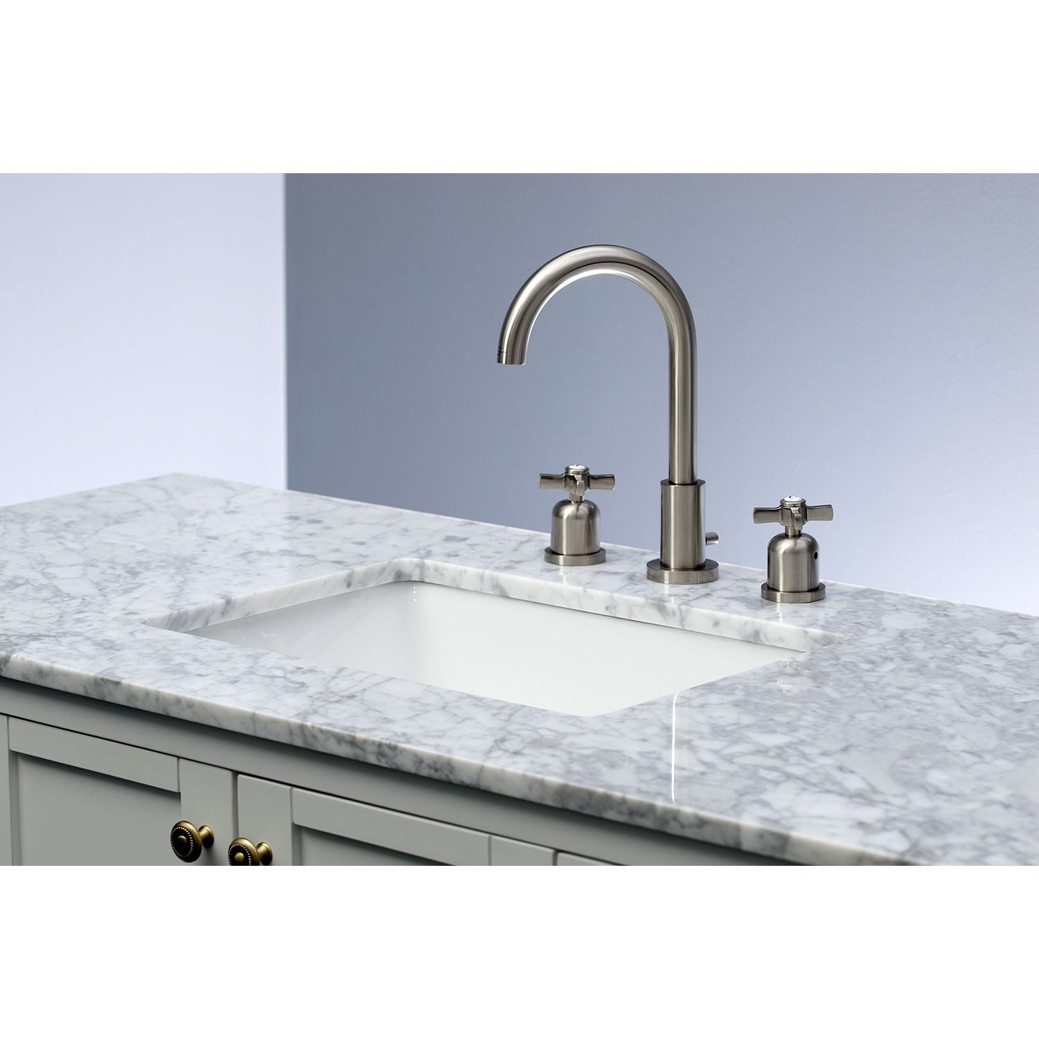 Lifestyle image of Millennium widespread faucet in neutral bathroom in brushed nickel finish