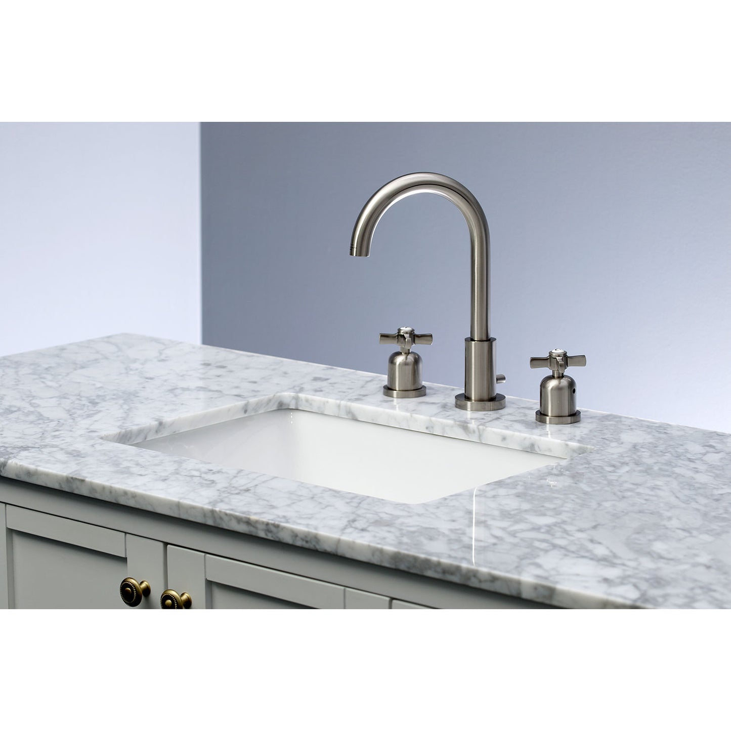 Lifestyle image of Millennium widespread faucet in neutral bathroom in brushed nickel finish