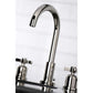 Close up Lifestyle image of Millennium widespread faucet in neutral bathroom in polished nickel finish