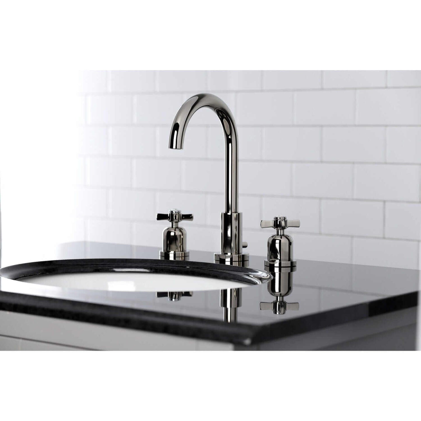 Side view lifestyle image in bathroom of Millennium widespread faucet in polished nickel