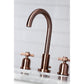 Close up Lifestyle image of Millennium widespread faucet in neutral bathroom in antique copper finish