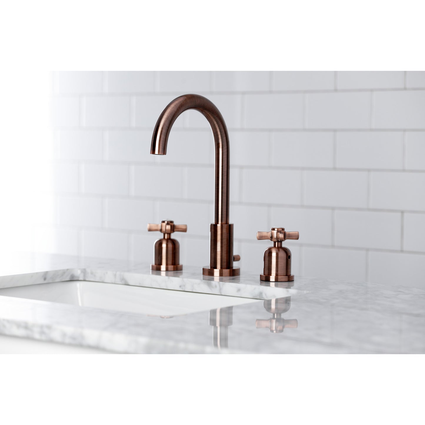 Side view lifestyle image in bathroom of Millennium widespread faucet in antique copper