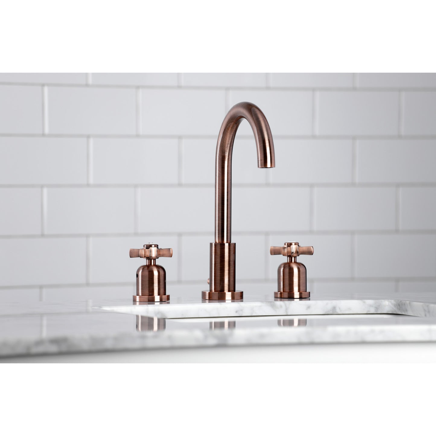 Alternate Lifestyle image in bathroom of Millennium widespread faucet in antique copper finish