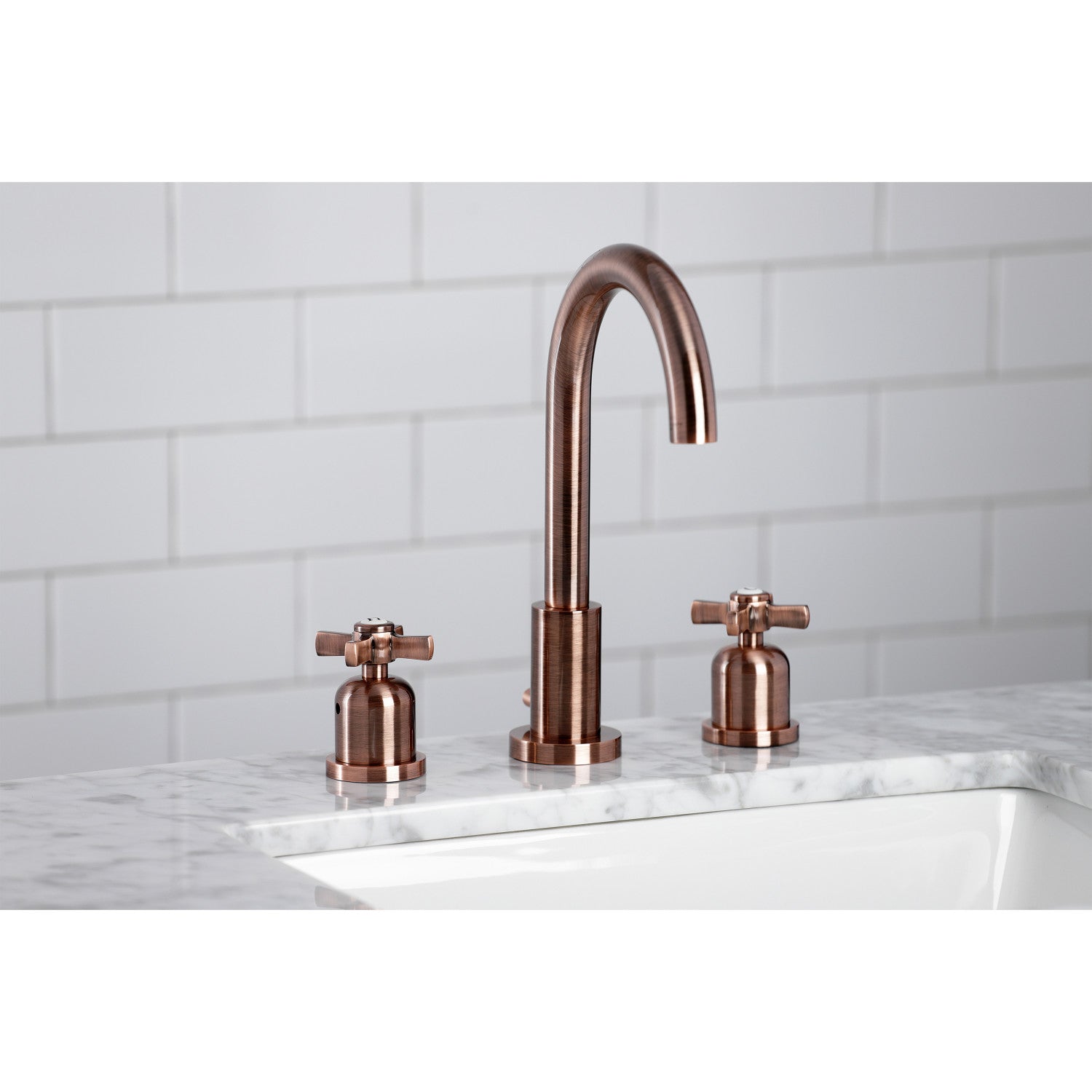 Lifestyle image in bathroom of Millennium widespread faucet in antique copper finish