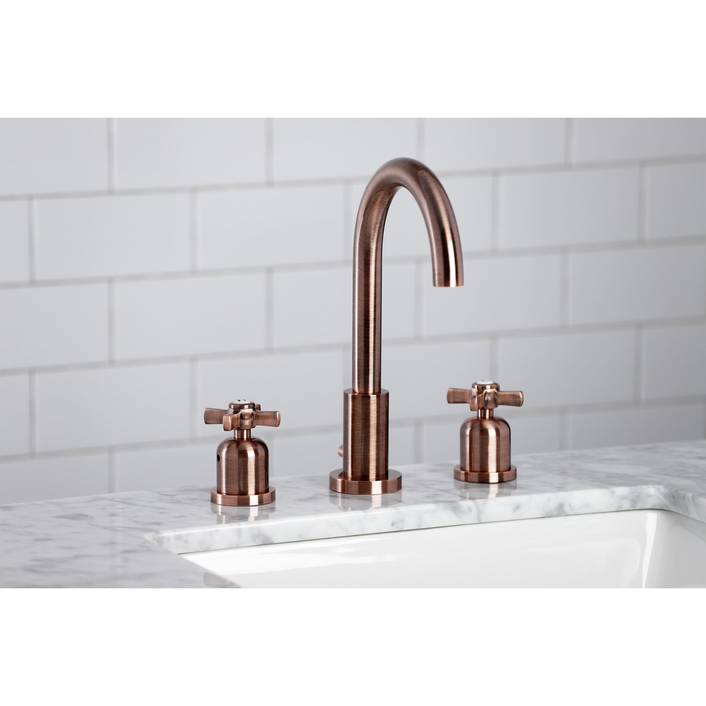 Lifestyle image in bathroom of Millennium widespread faucet in antique copper finish