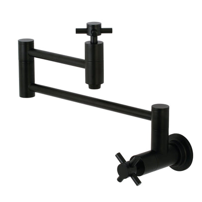 KINGSTON Brass Concord Wall Mount Pot Filler Kitchen Faucet in matte black, showcasing sleek modern design from the side.