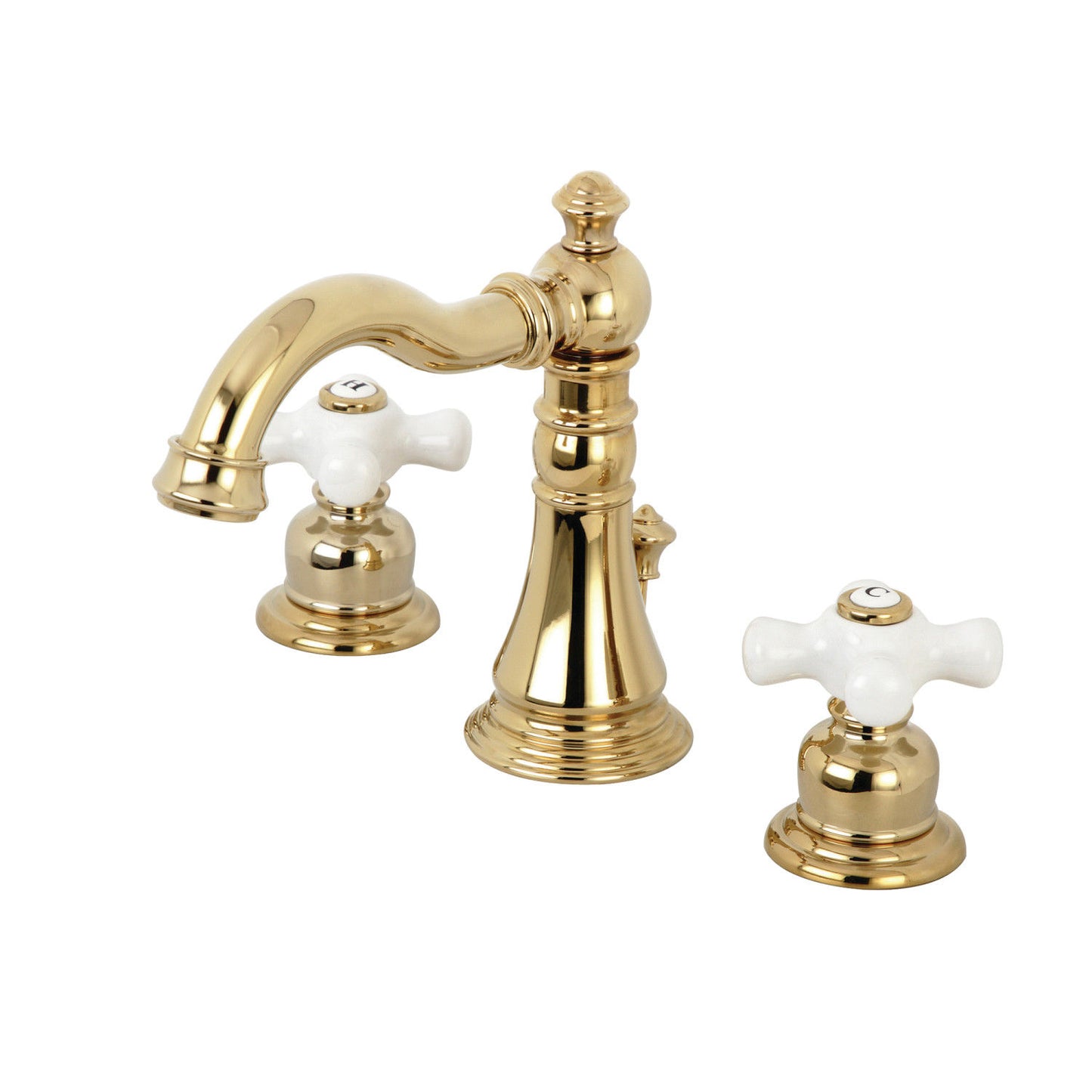 KINGSTON Brass American Classic Widespread Bathroom Faucet with elegant white handles and polished brass finish, front view.