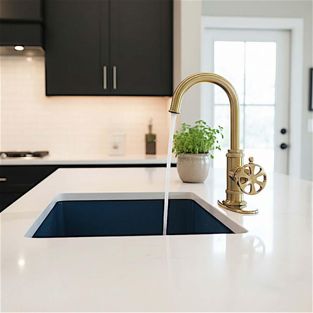 Kingston Brass KSD8503RX Belknap Single-Handle Bar Faucet in polished gold finish with water flowing.