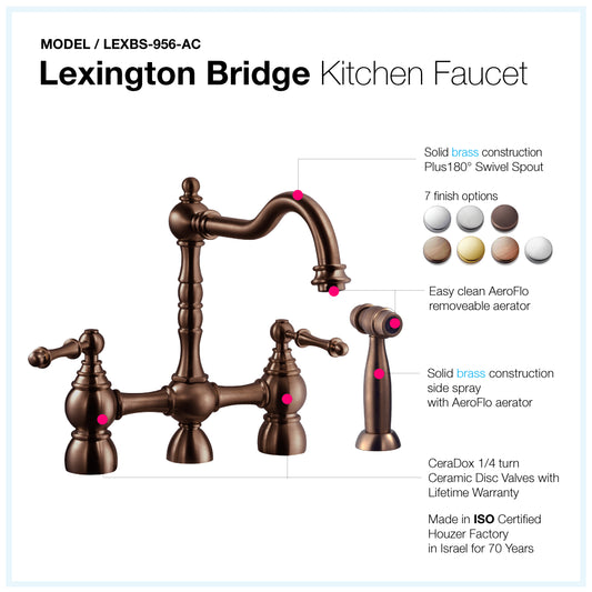 HOUZER LEXINGTON Antique Copper Dual Handle Bridge Kitchen Faucet with Sidespray - LEXBS-956-AC