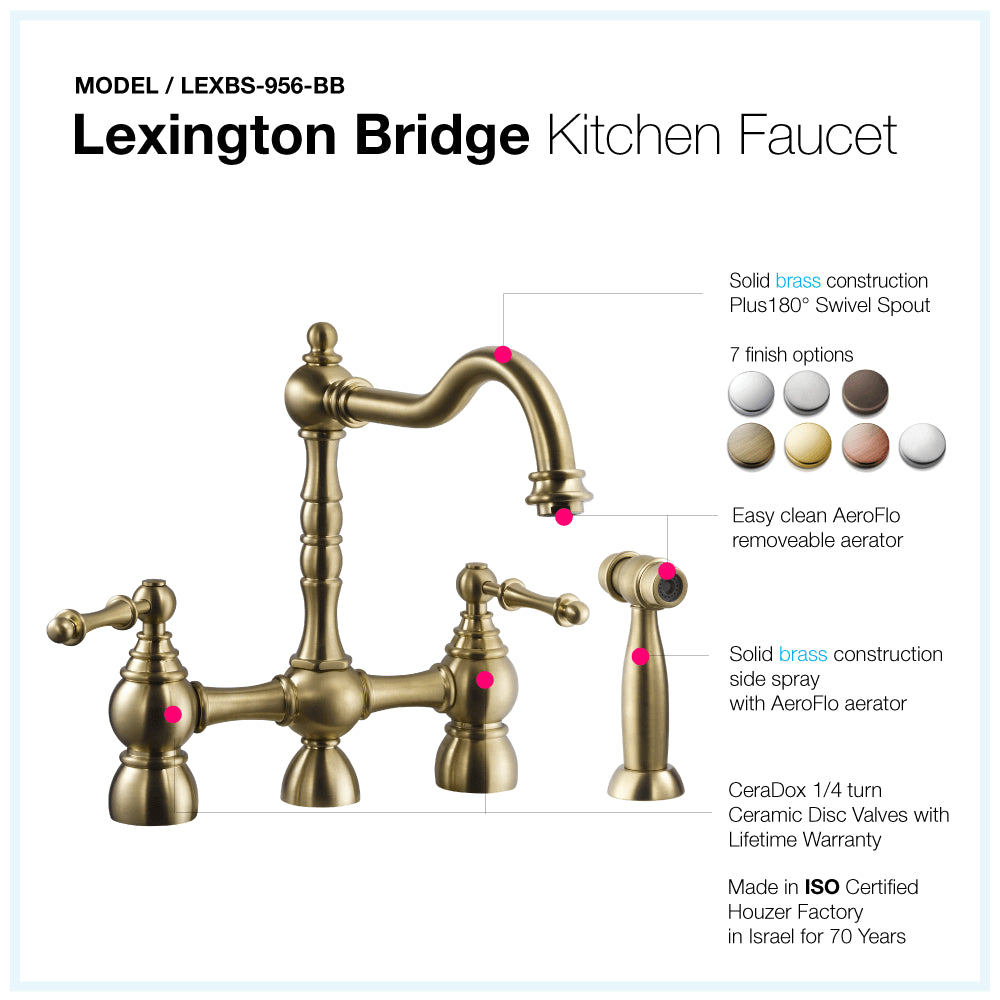 HOUZER LEXINGTON Antique Copper Dual Handle Bridge Kitchen Faucet with Sidespray