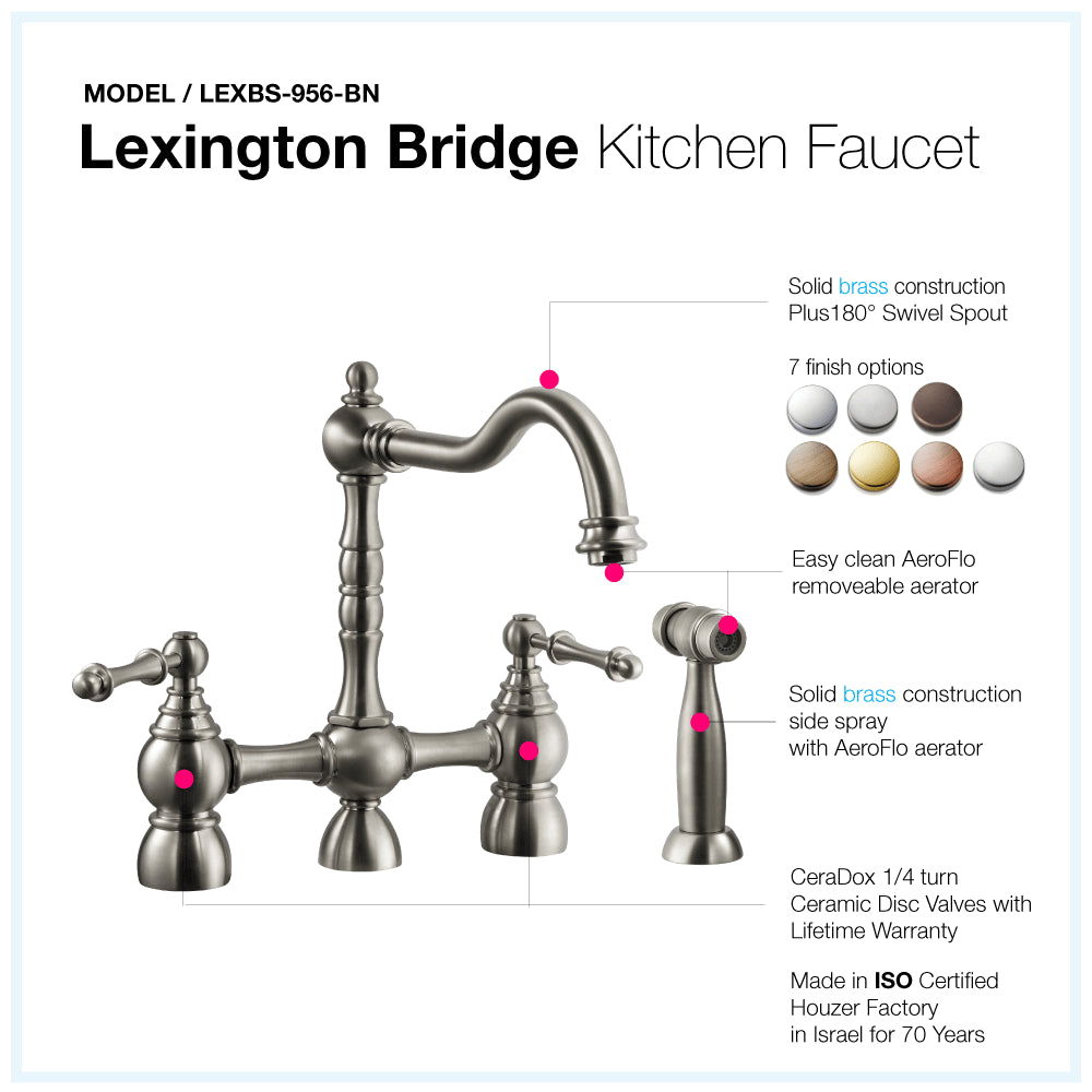 HOUZER LEXINGTON Antique Copper Dual Handle Bridge Kitchen Faucet with Sidespray