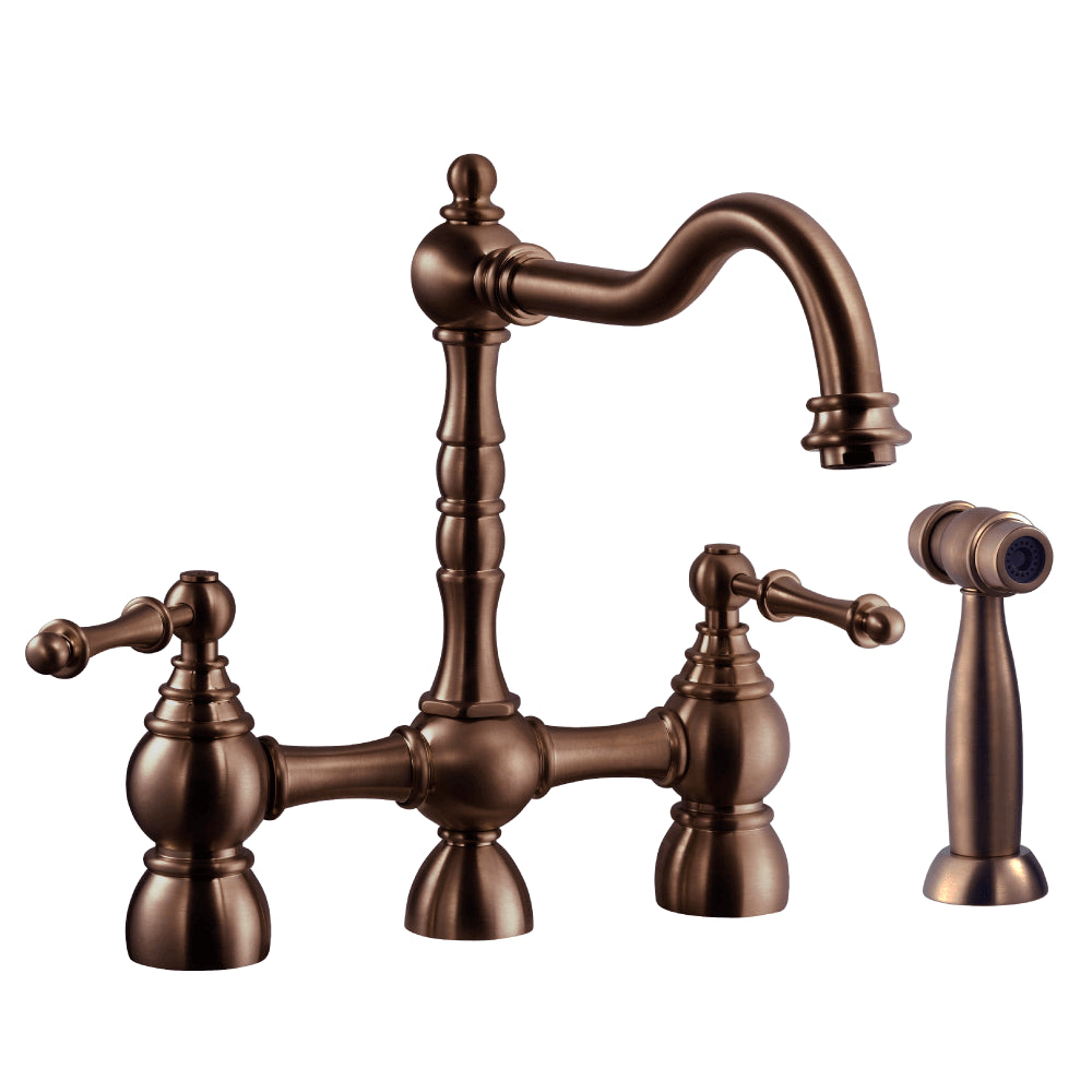 HOUZER LEXINGTON Antique Copper Dual Handle Bridge Kitchen Faucet with Sidespray