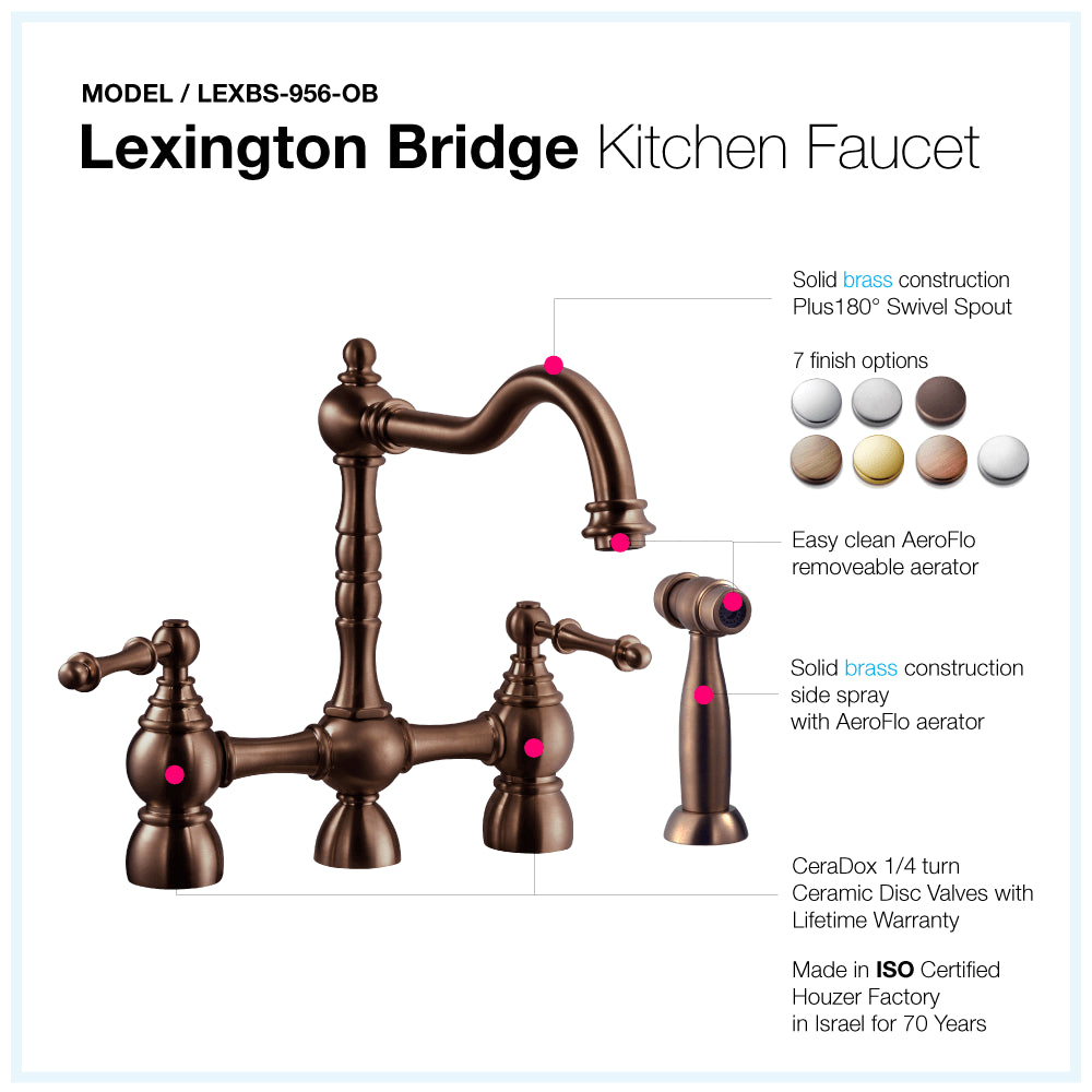 HOUZER LEXINGTON Antique Copper Dual Handle Bridge Kitchen Faucet with Sidespray