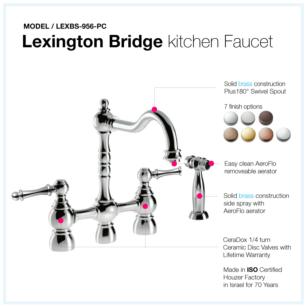 HOUZER LEXINGTON Antique Copper Dual Handle Bridge Kitchen Faucet with Sidespray