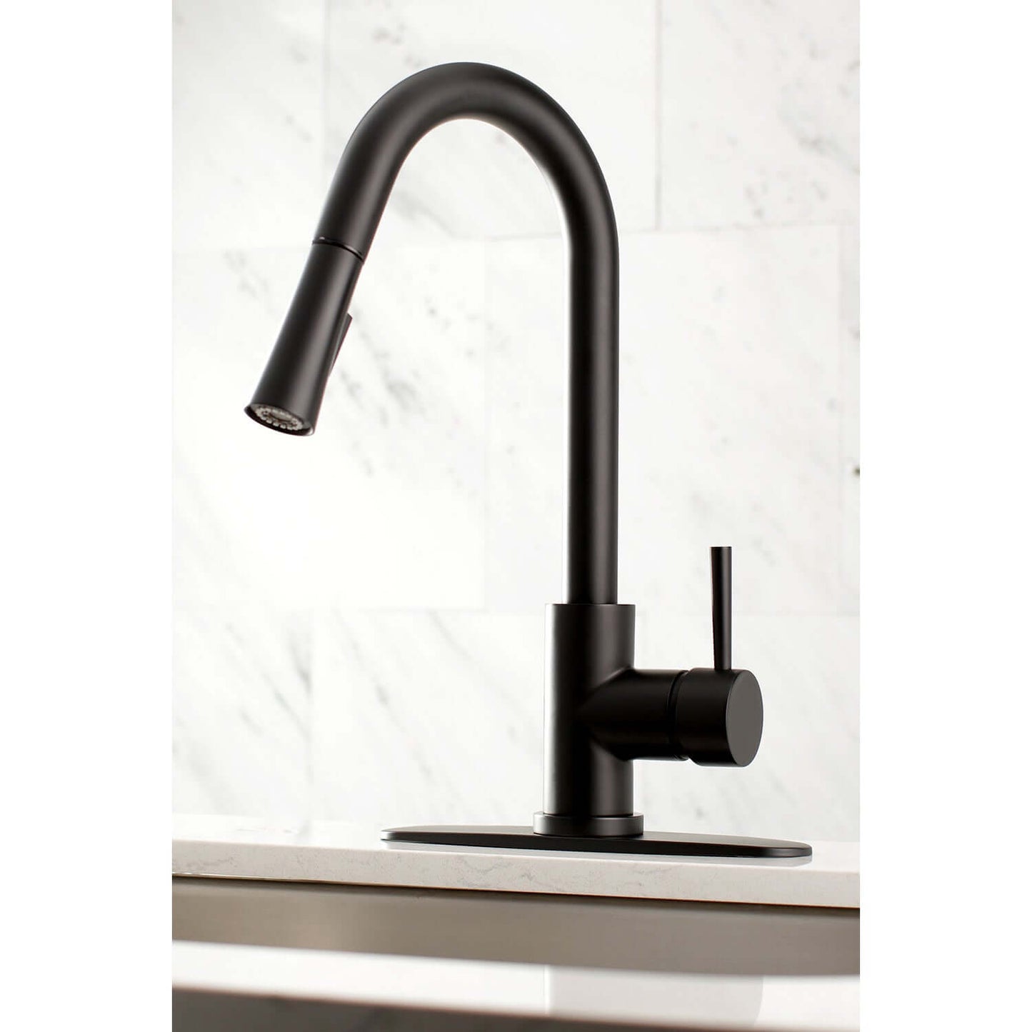 Alternate view of Kingston Brass LS8620DL single-handle matte black kitchen faucet installed with deck plate