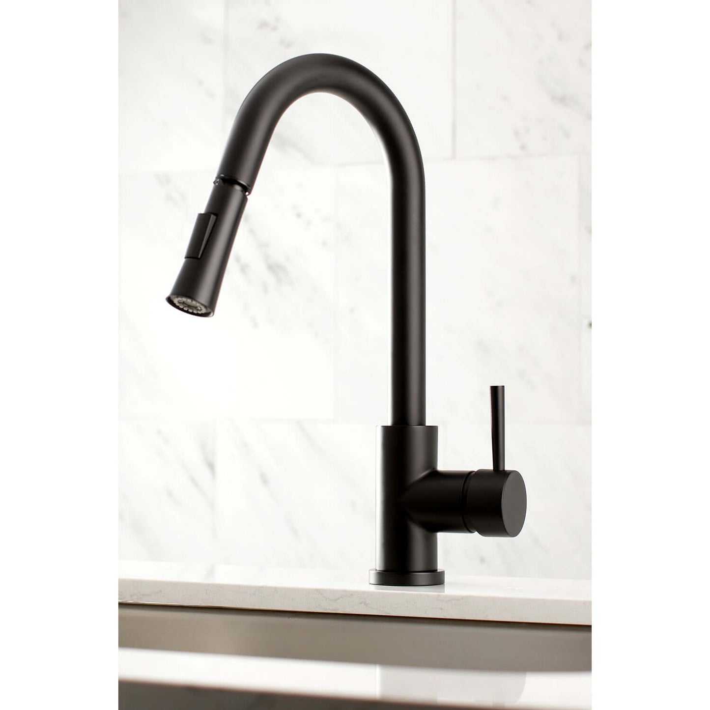 Kingston Brass LS8620DL single-handle matte black kitchen faucet installed with no deck plate