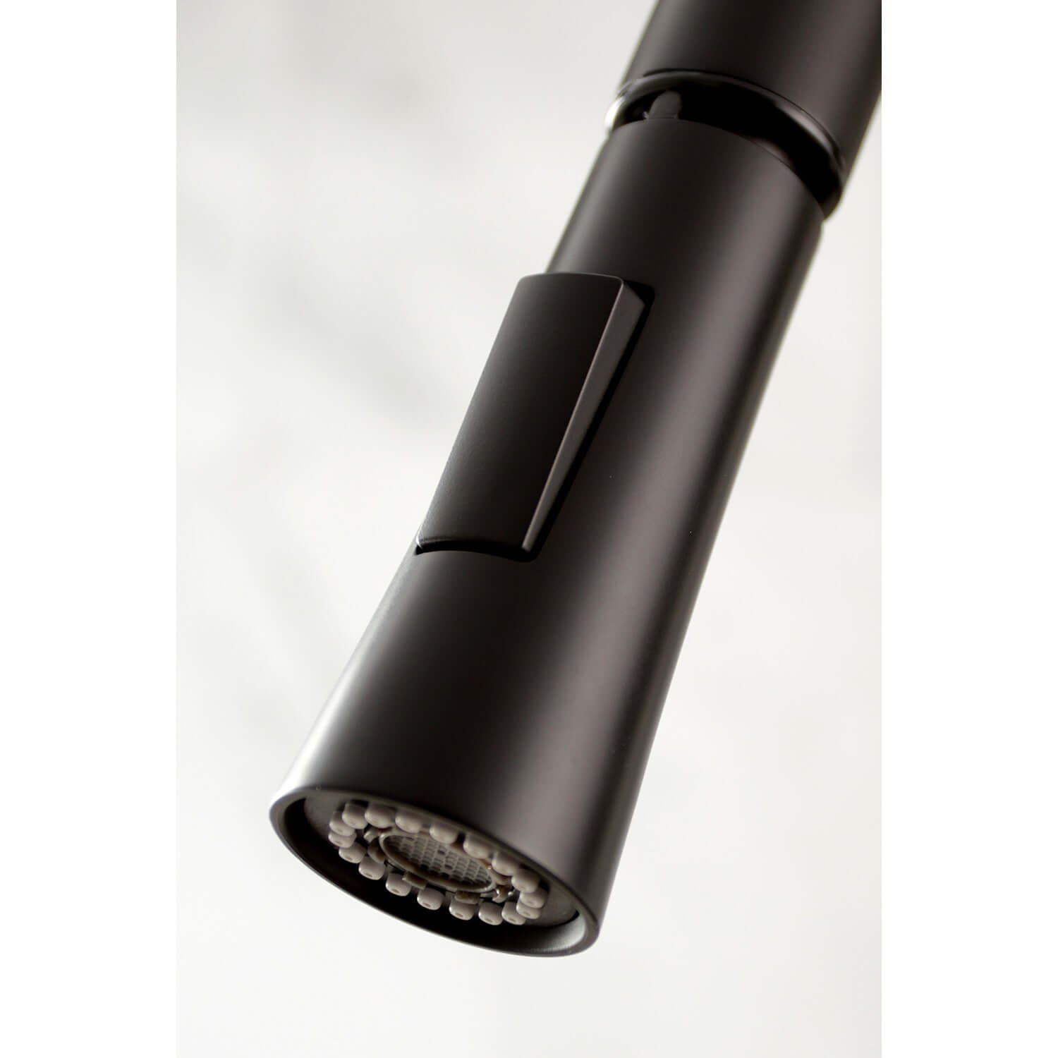 Spout detail for Kingston Brass LS8620DL single-handle matte black kitchen faucet