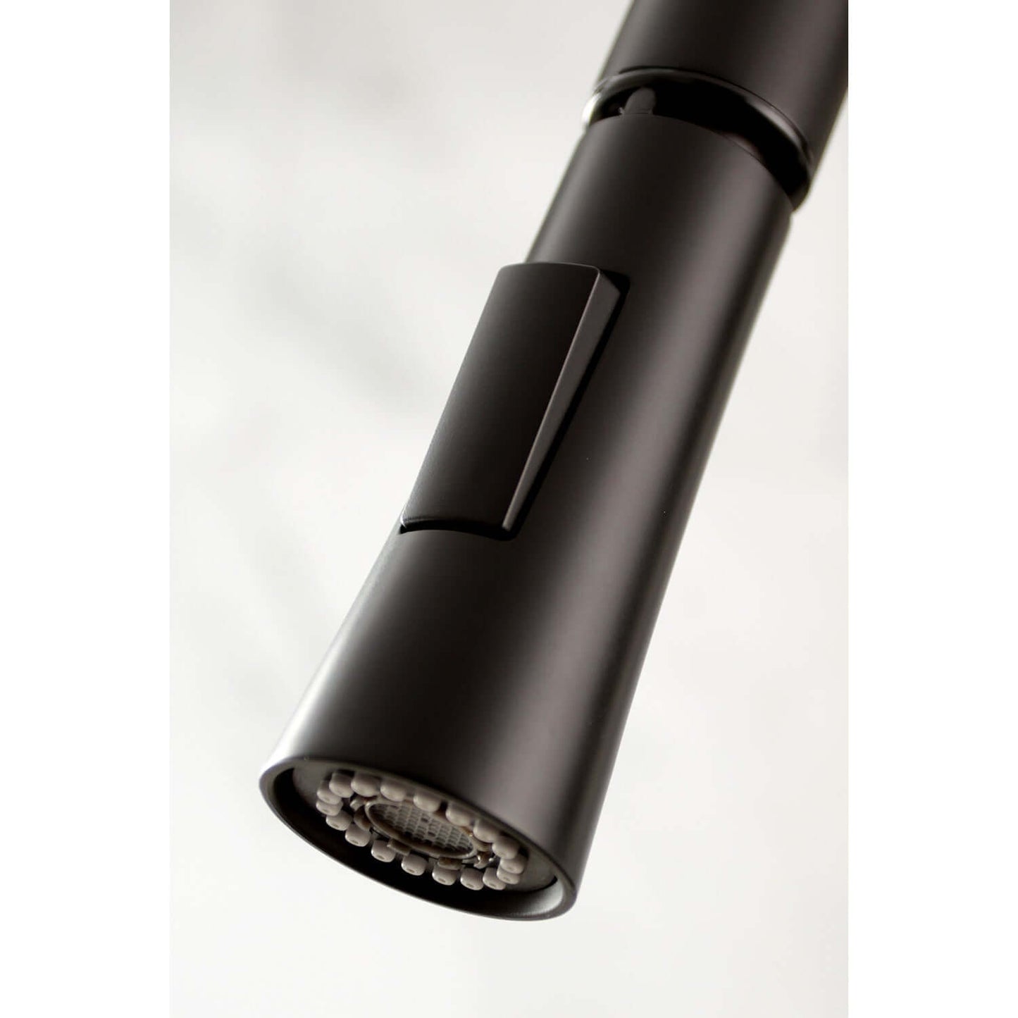 Spout detail for Kingston Brass LS8620DL single-handle matte black kitchen faucet