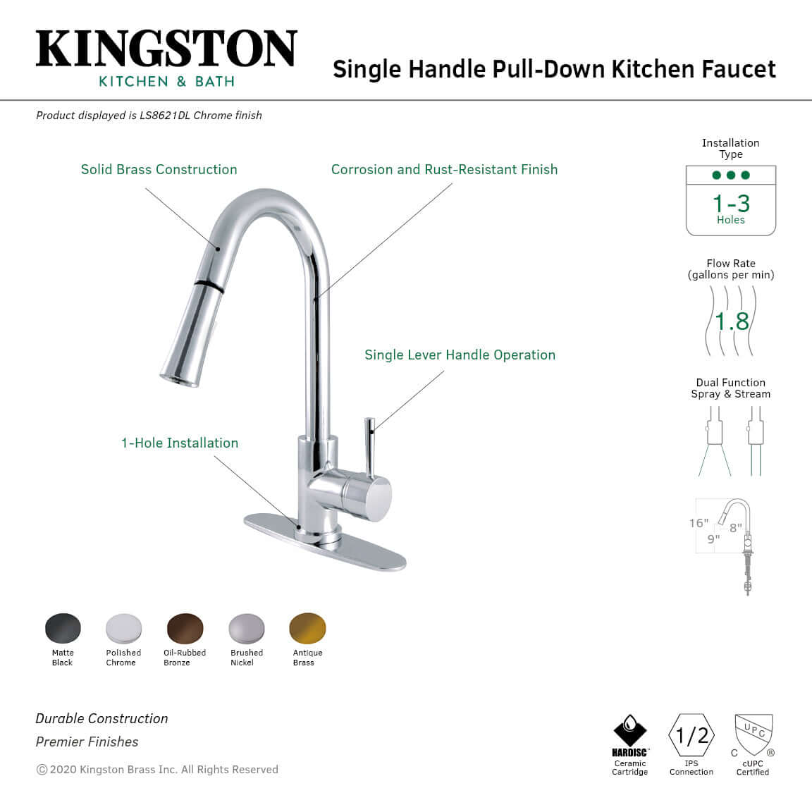 Kingston Brass Single-Handle Pull-Down Kitchen Faucet - LS862XDL-P right side view showing solid brass construction and single lever handle.