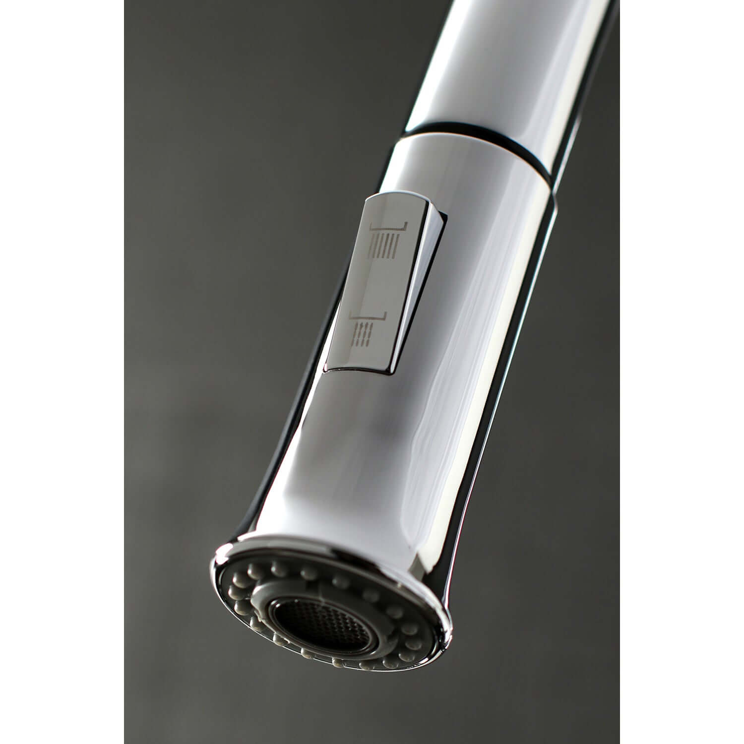 Close up of spray nozzle for Kingston Brass LS862XDL single -handle chrome kitchen faucet
