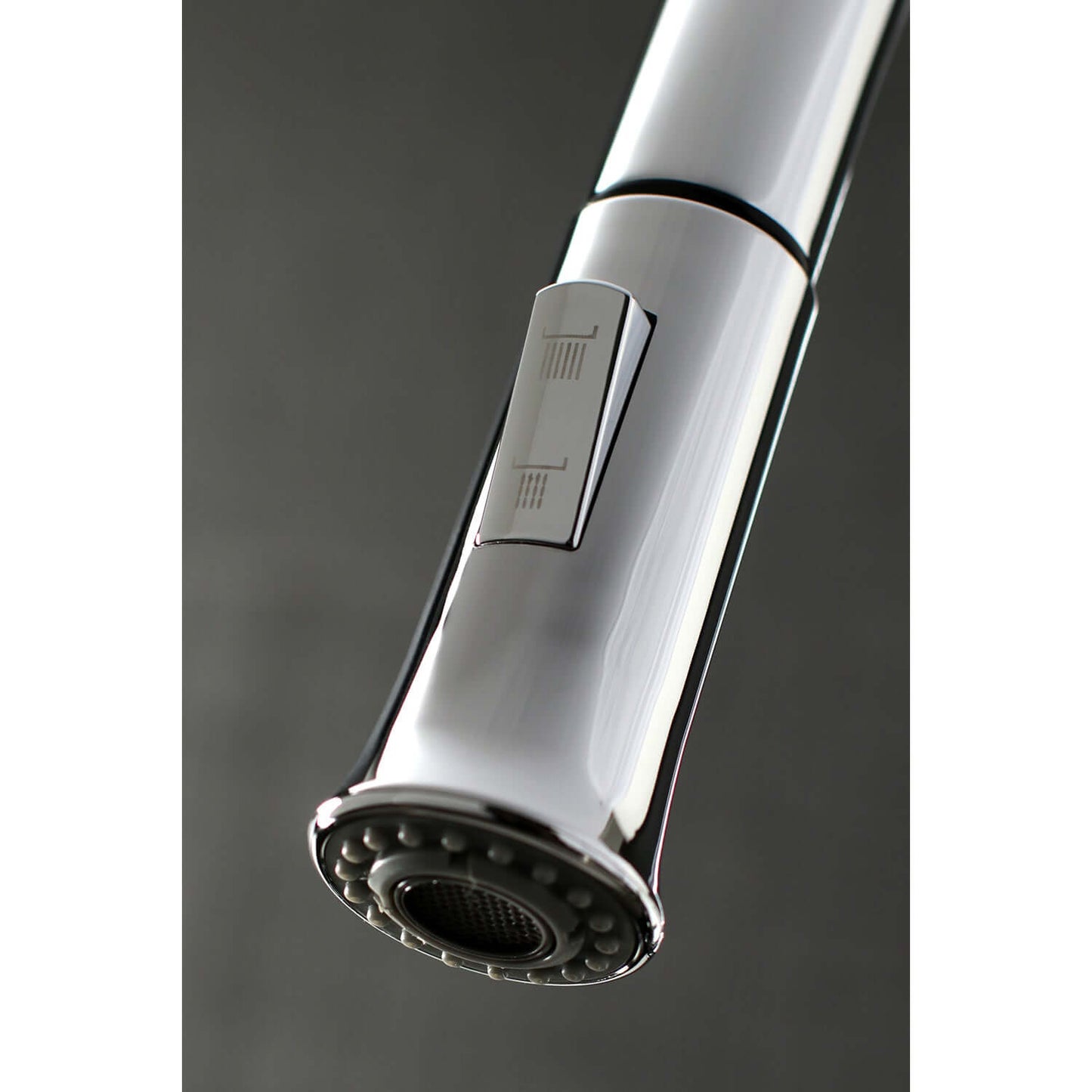 Close up of spray nozzle for Kingston Brass LS862XDL single -handle chrome kitchen faucet