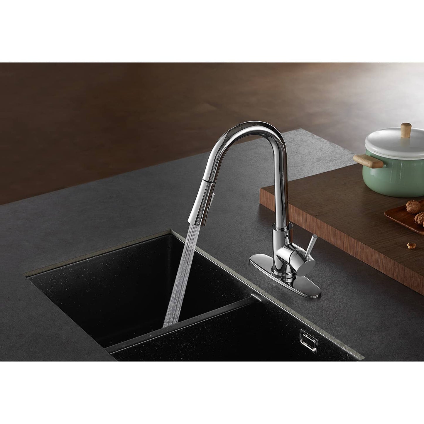 Kingston Brass Single-Handle Pull-Down Kitchen Faucet - LS862XDL-P with water flow in a modern kitchen sink