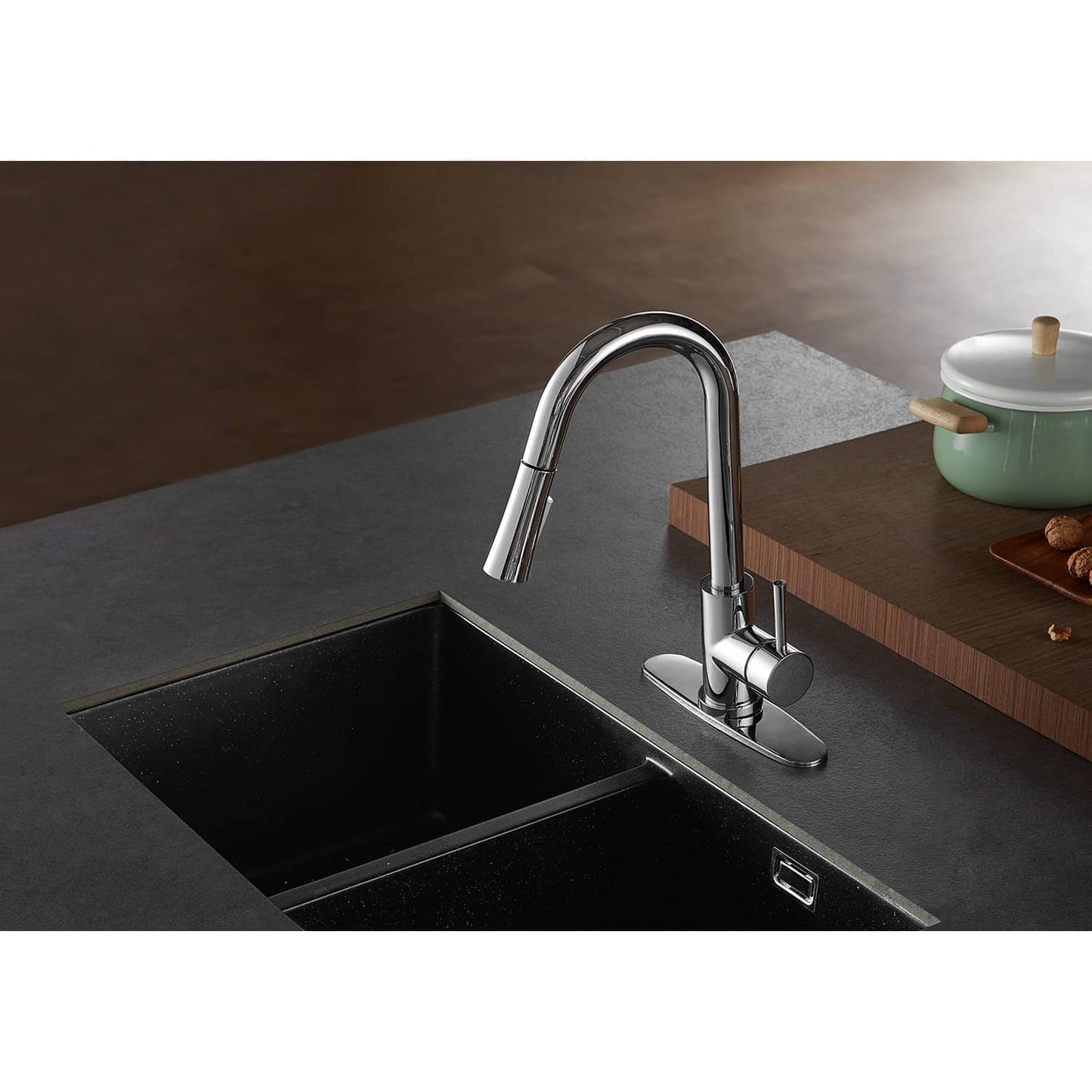 Profile of Kingston Brass LS862XDL single-handle chrome kitchen faucet in a neutral kitchen