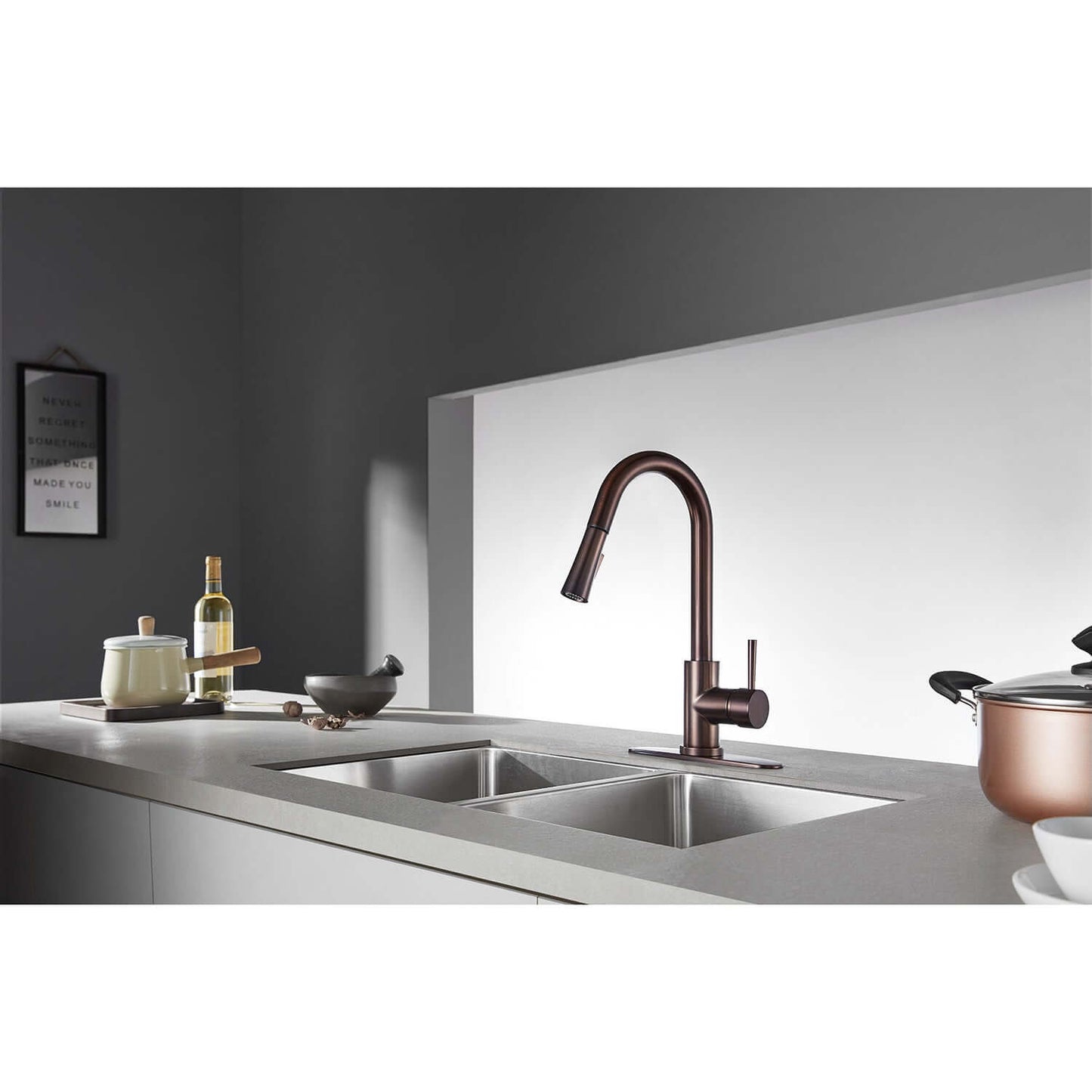 Kingston Brass Single-Handle Pull-Down Kitchen Faucet - LS862XDL-P showcased in a modern kitchen with a high-arc design and dual sinks.