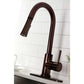 Close up angle of Kingston Brass LS8625DL single-handle oil rubbed bronze kitchen faucet installed with deck plate