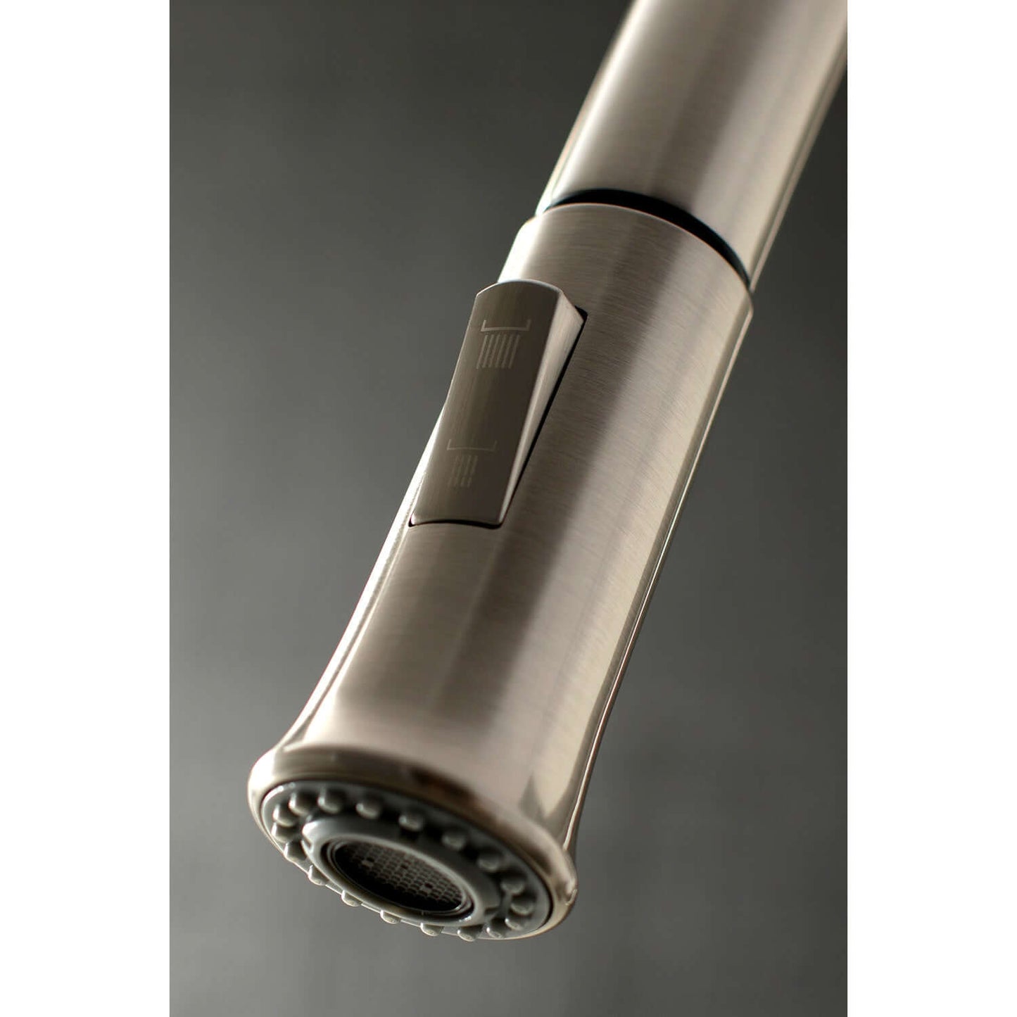 Faucet head detail for Kingston Brass LS8628DL single-handle brushed nickel kitchen faucet