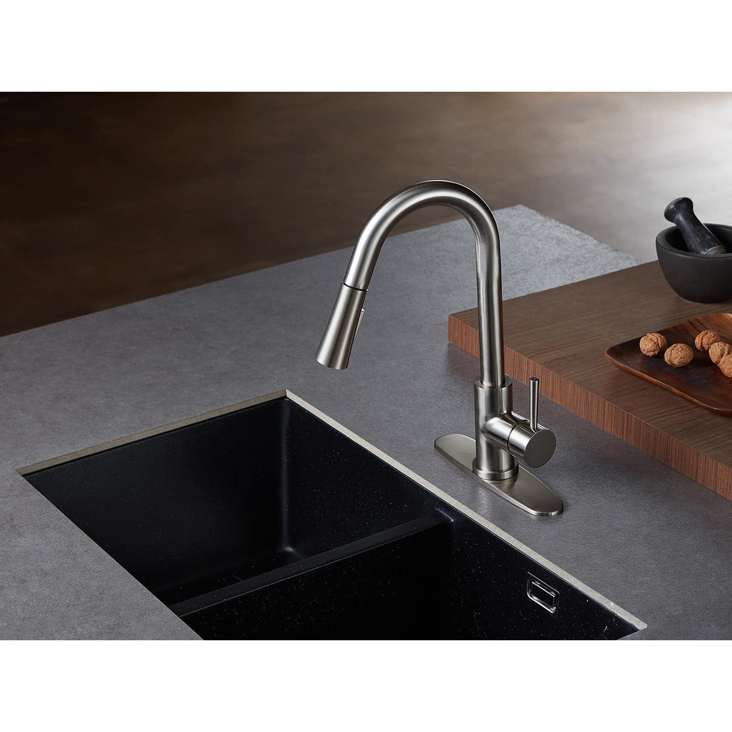 Installed profile of Kingston Brass LS8628DL single-handle brushed nickel kitchen faucet