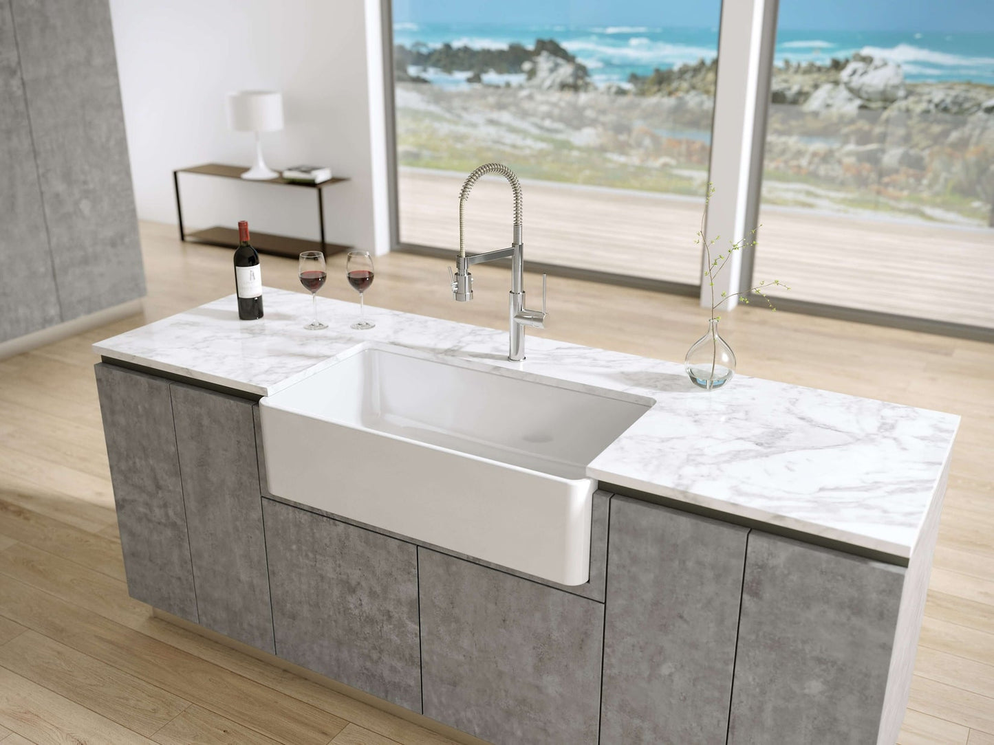 Latoscana 36" Reversible Fireclay Single Bowl Farmhouse Sink front view with marble countertop and modern kitchen decor.