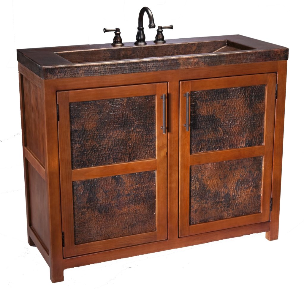 Thompson Lerma Grande two-door solid wood vanity VTL with hammered aged copper top, angled view
