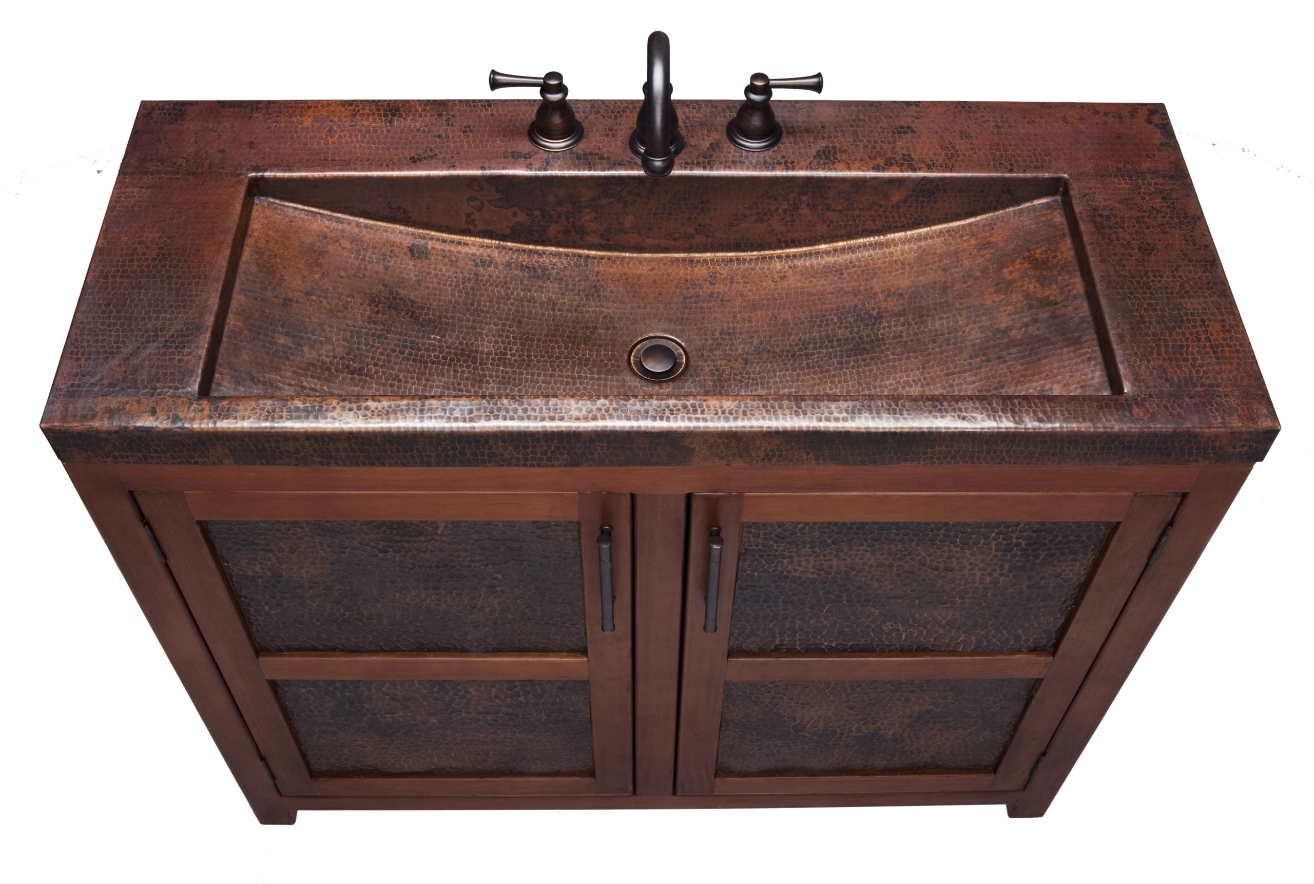 Integrated hammered aged copper top and basin of the Thompson Lerma Grande vanity VTL, from above