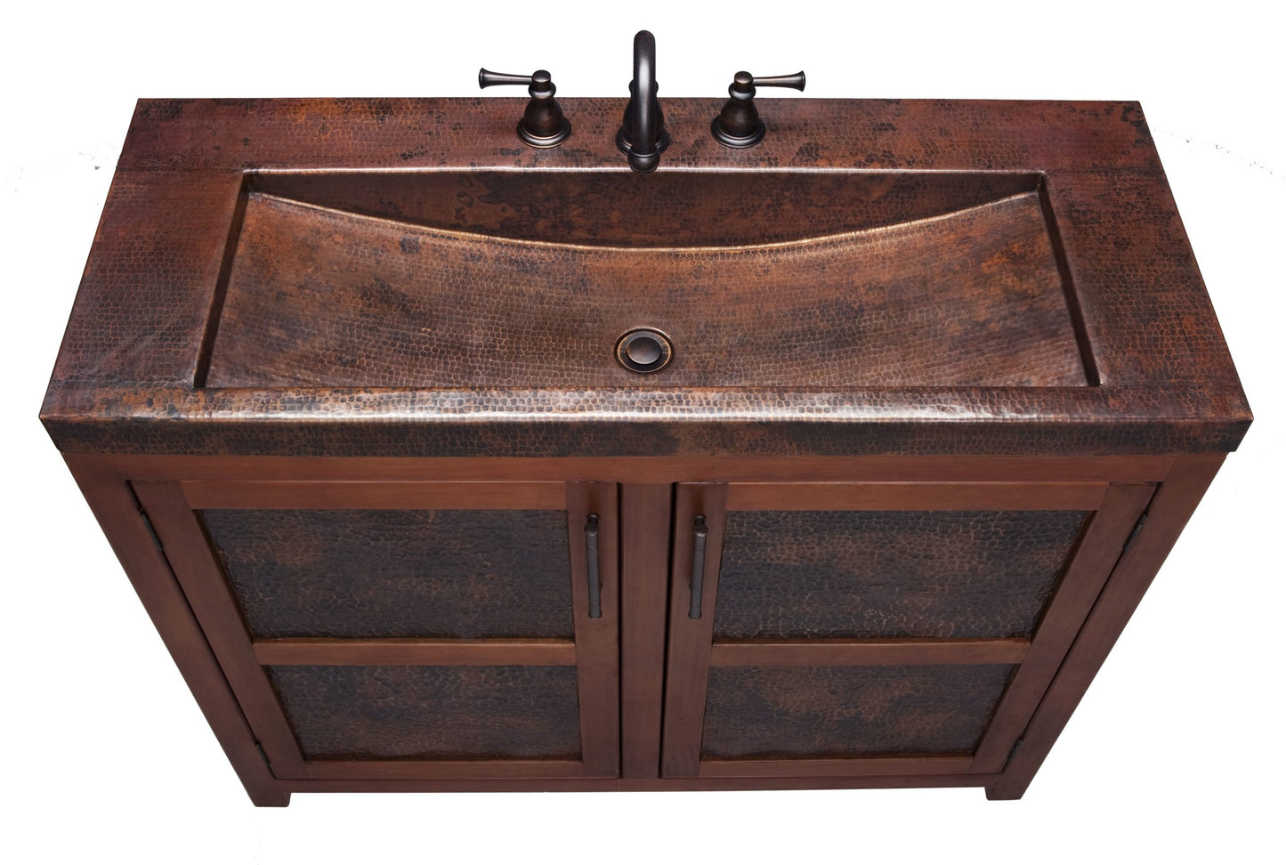 Integrated hammered aged copper top and basin of the Thompson Lerma Grande vanity VTL, from above