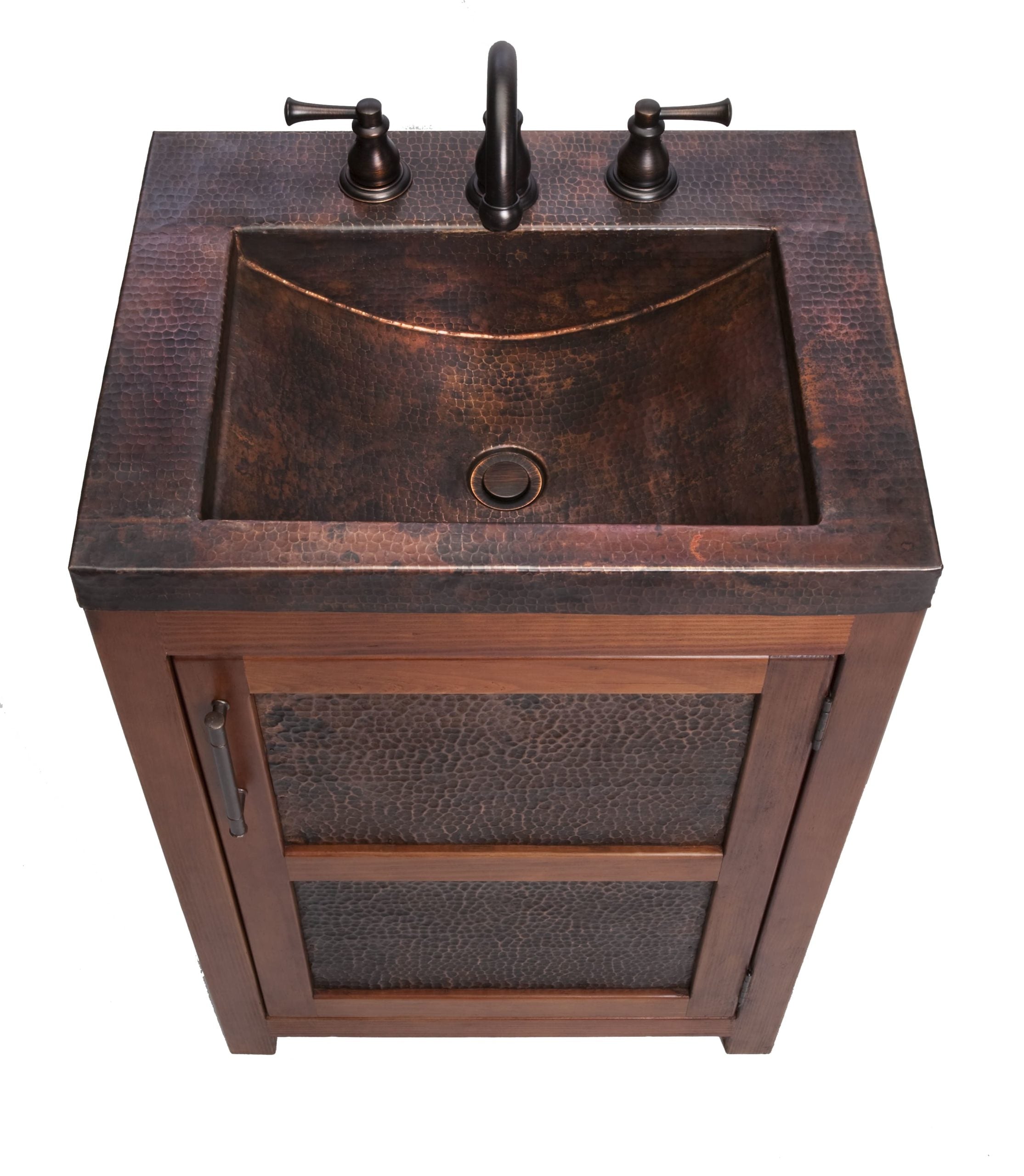 Integrated hammered aged copper top and basin of the Thompson Lerma Chica vanity VTS, from above