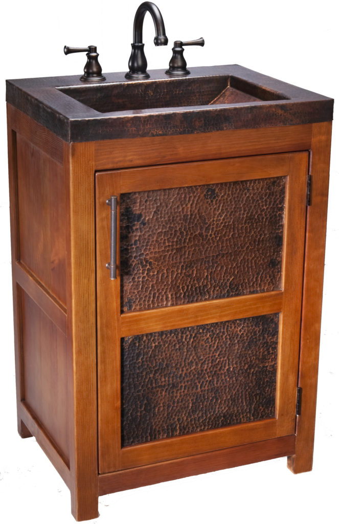 Thompson Lerma Chica solid wood vanity VTS with hammered aged copper top and sink, angled view