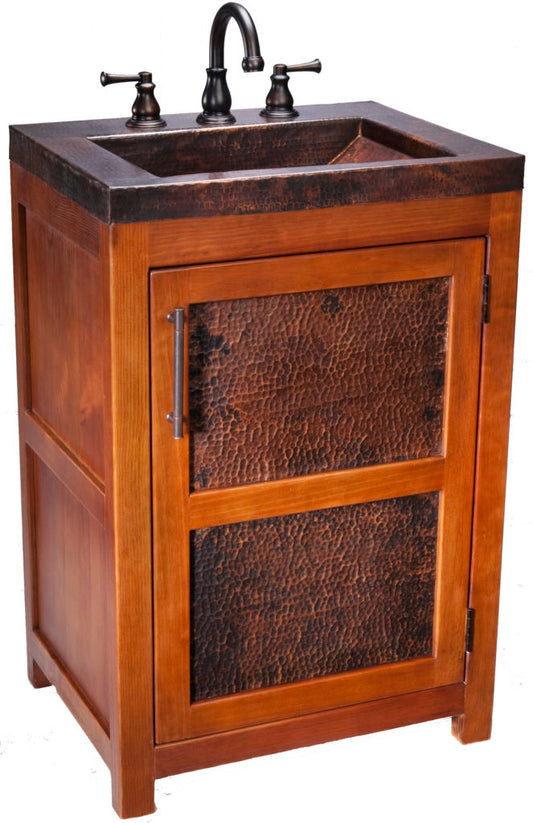 Thompson Lerma Chica solid wood vanity VTS with hammered aged copper top and sink, angled view
