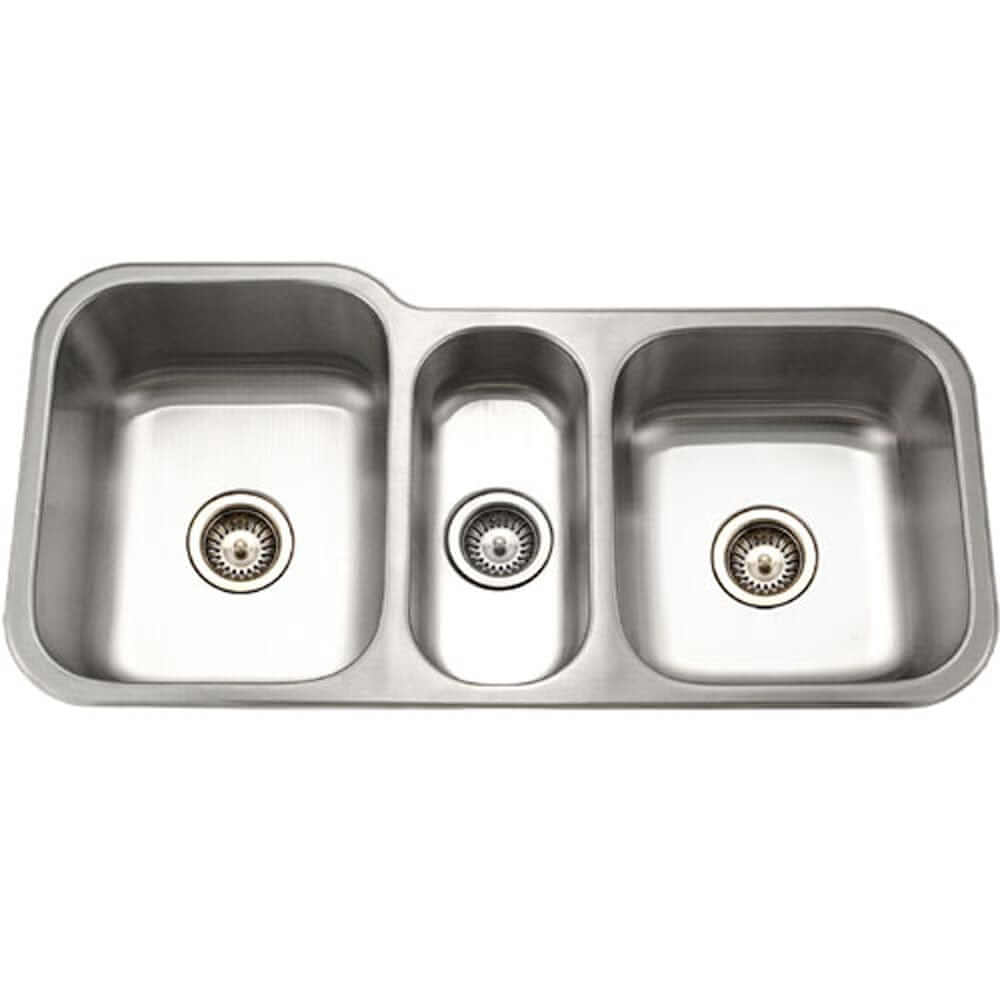 Houzer 40" Stainless Steel Undermount Triple Bowl Kitchen Sink, MGT-4120-1 with three bowl design and polished finish.