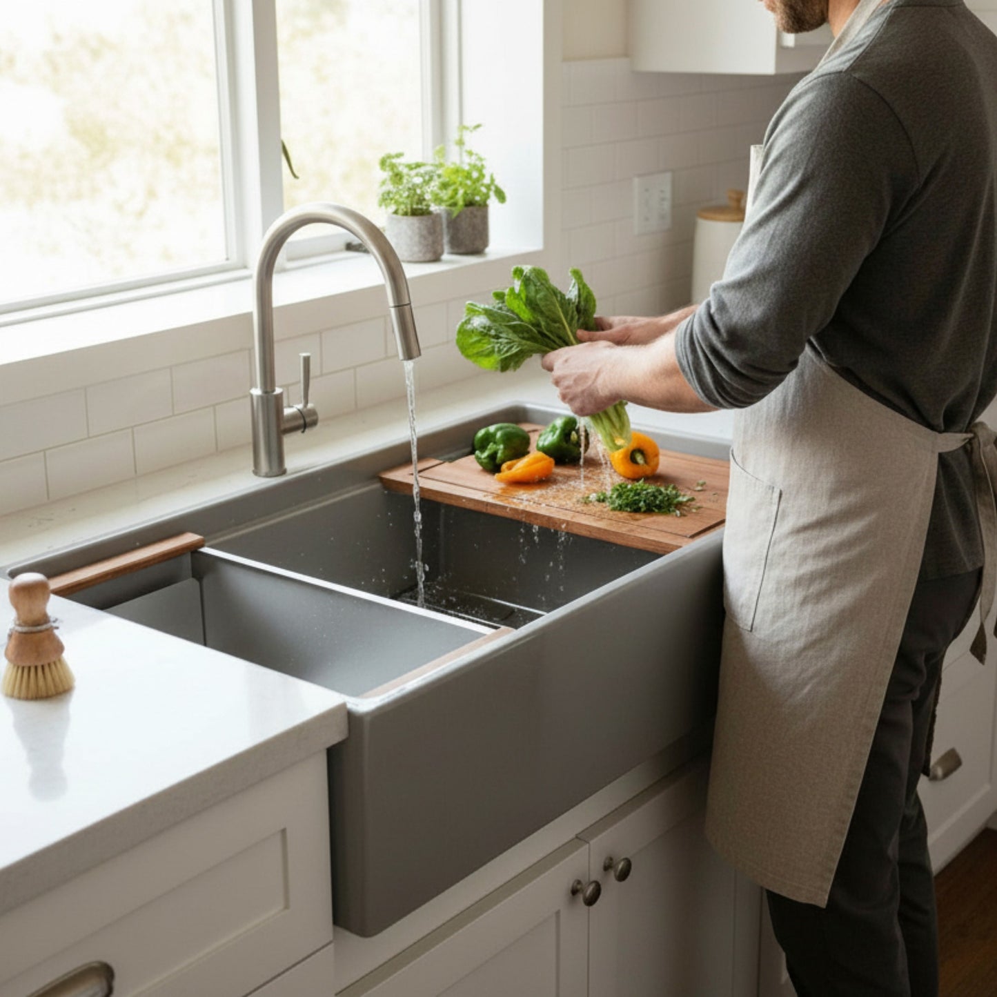 Man washing vegetables in BOCCHI CONTEMPO 36-inch farmhouse sink using included accessories