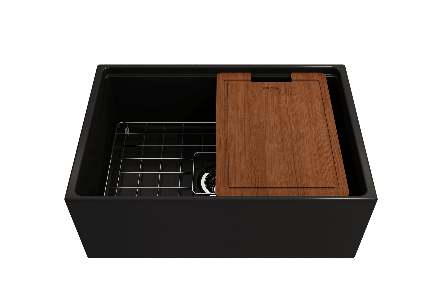 BOCCHI CONTEMPO 27" Fireclay Farmhouse Workstation Kitchen Sink with Accessories in black with wooden cutting board.